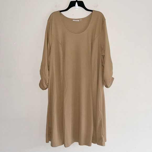 Susan Graver Midi Dress Plus Size 3X Knit Woman Basic 3/4 Sleeve Tan Casual - Picture 1 of 8